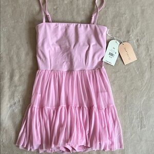 Sezane Pink Tiered Mini Dress with Spaghetti Straps